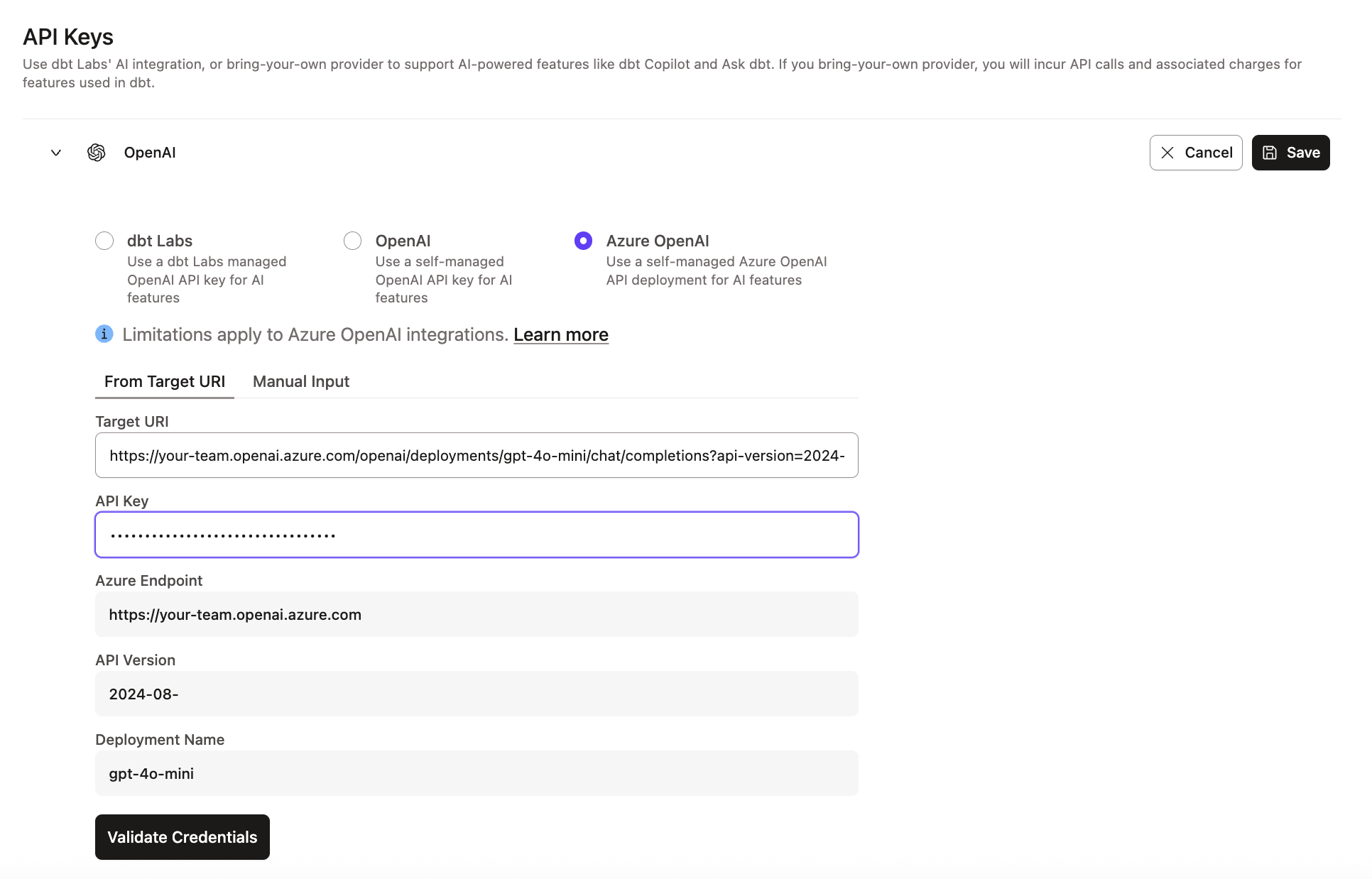 Example of Azure OpenAI integration section Example of Azure OpenAI integration section