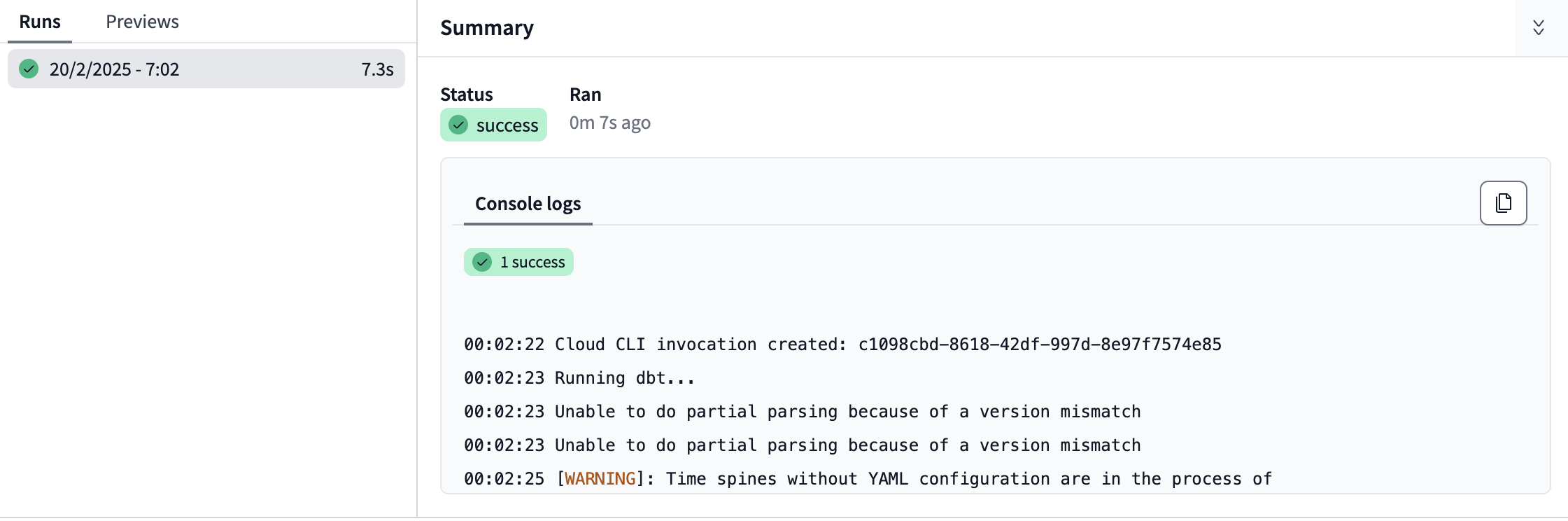 The results of a successful run in the 'Runs and previews' pane.
